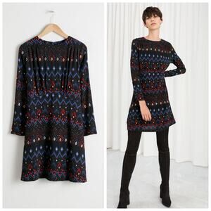 & Other Stories Aztec Dress Size 2 Black Long Sleeve Mini